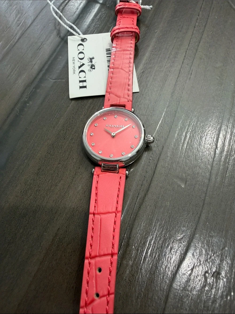 New Coach Coral Pink Leather Women Watch with Crystal Markers